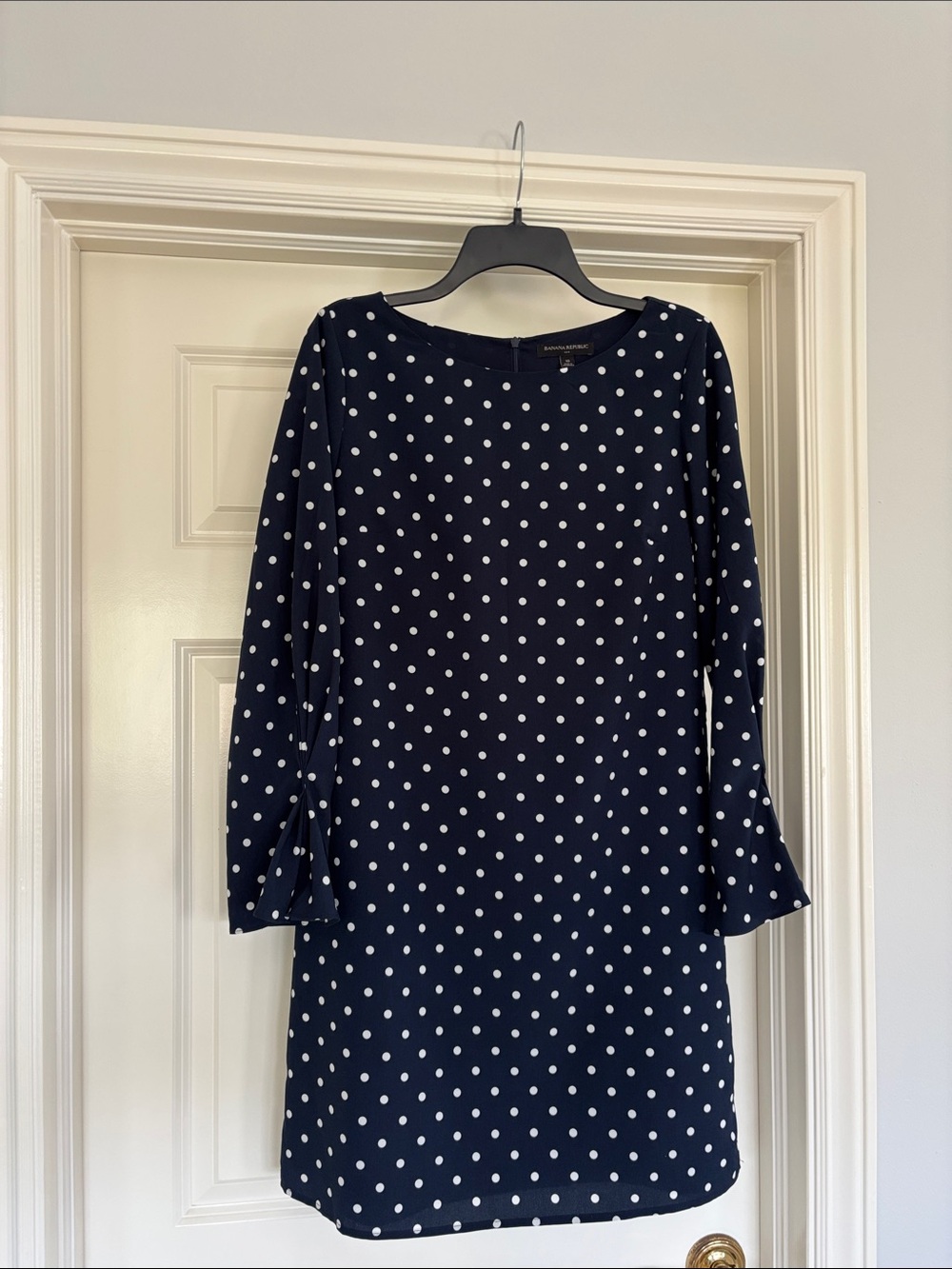 Banana Republic Navy and White Polka Dot Long Sleeve Shift Dress
